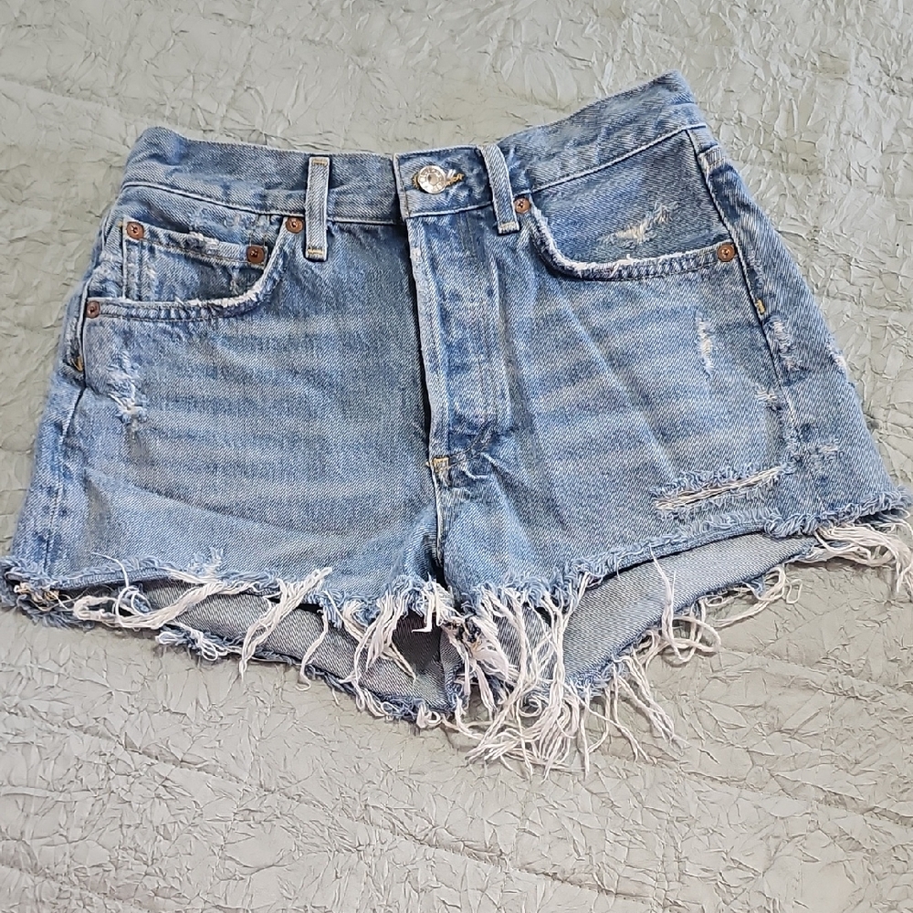 Agolde Washed Blue High-Rise Frayed Denim Shorts